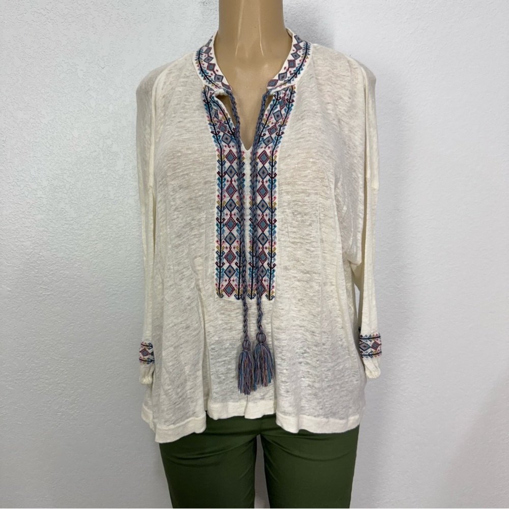 Sundance dolman kimono sleeve shirt tasseled Embroidered Cream Women's linen Top